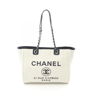 CHANEL Deauville Tote Bag, Leather and Straw, Women's, White Navy, A67001